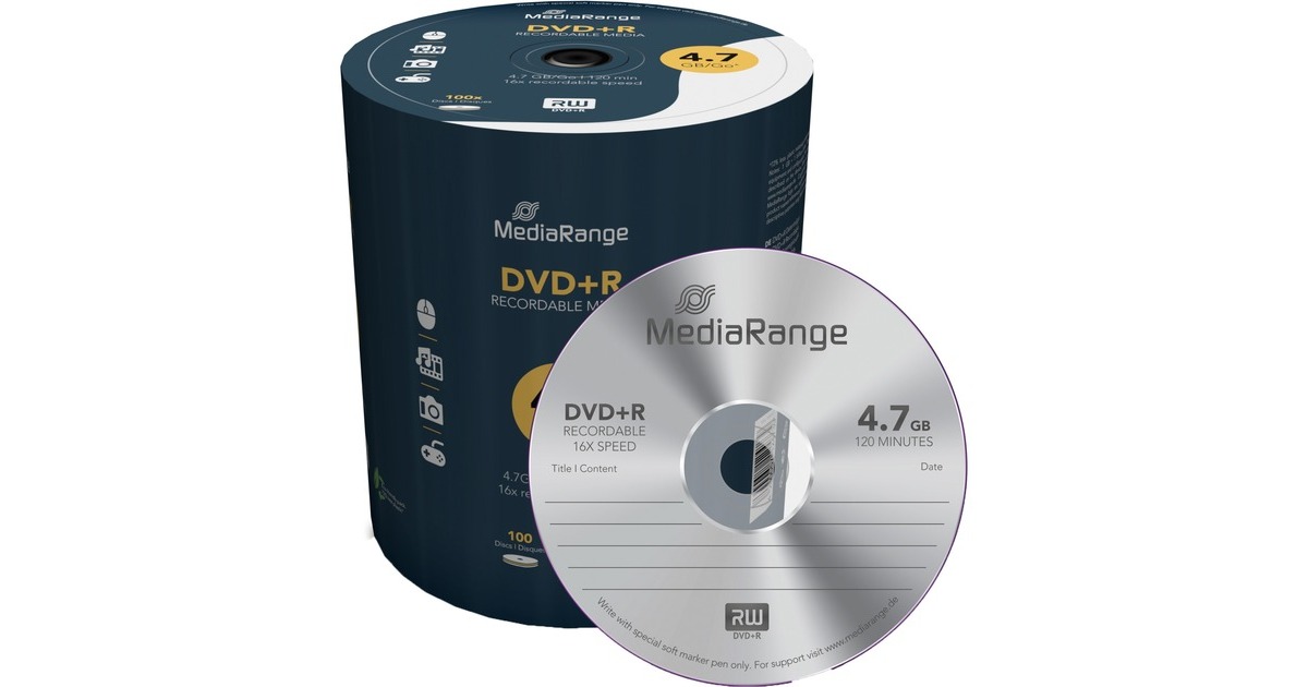 MediaRange DVD+R 4,7 GB, DVD-Rohlinge(16fach, 100 Stück)