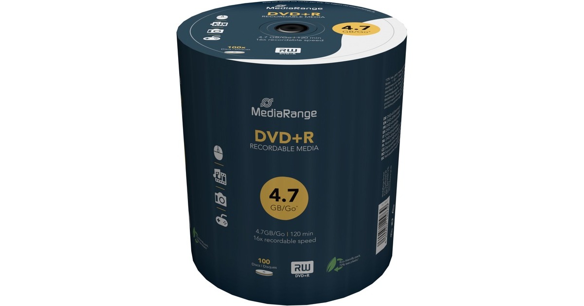 MediaRange DVD+R 4,7 GB, DVD-Rohlinge(16fach, 100 Stück)