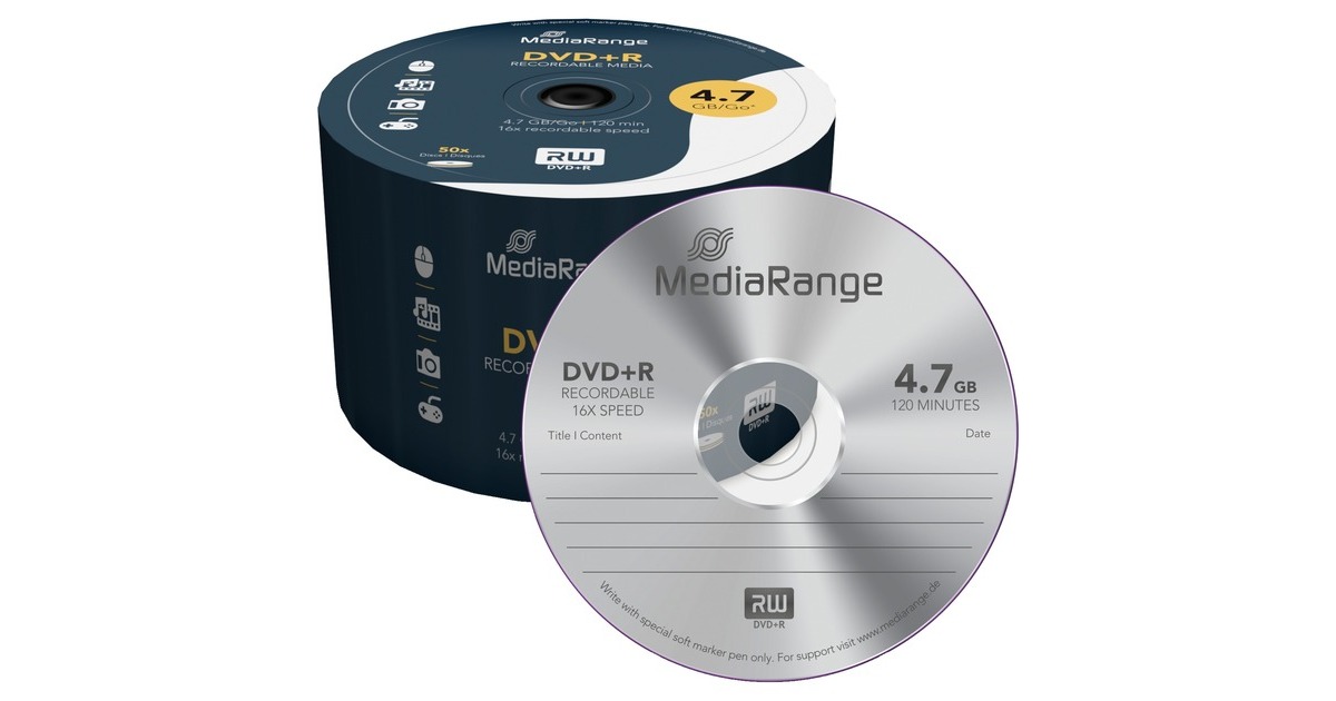 MediaRange DVD+R 4,7 GB, DVD-Rohlinge(16fach, 50 Stück)