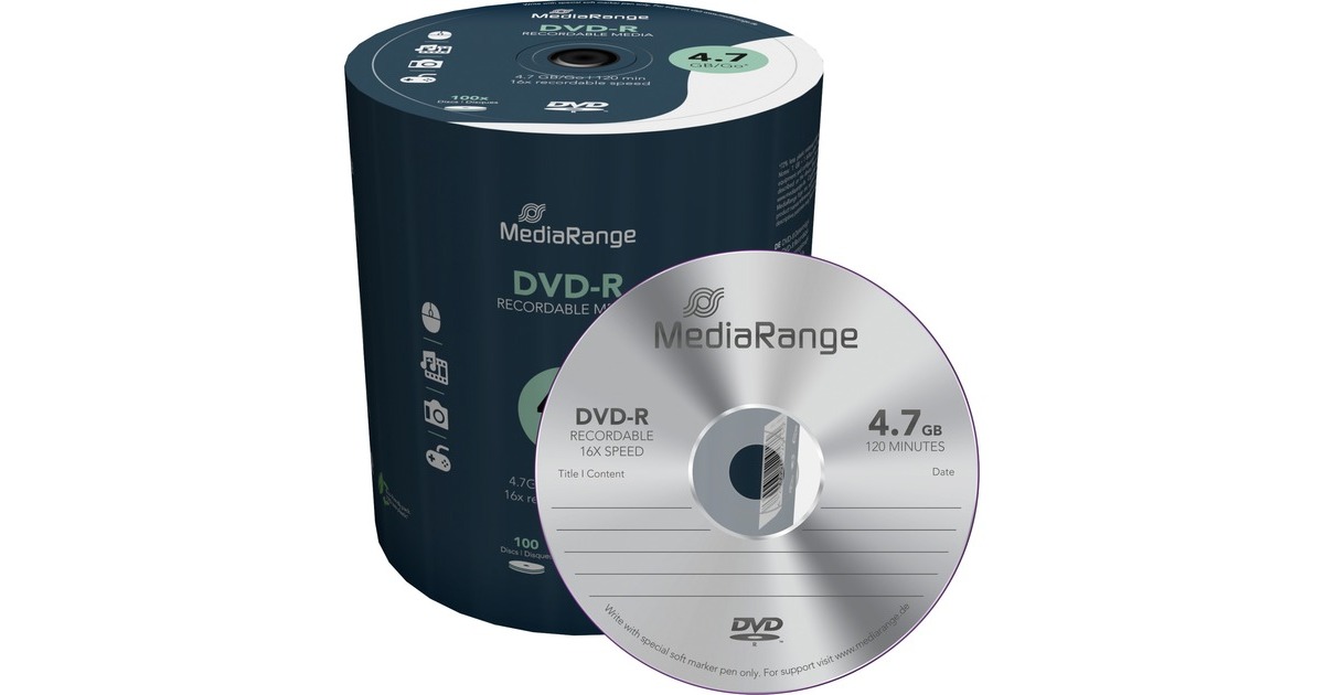 MediaRange DVD-R 4,7 GB, DVD-Rohlinge(16fach, 100 Stück)