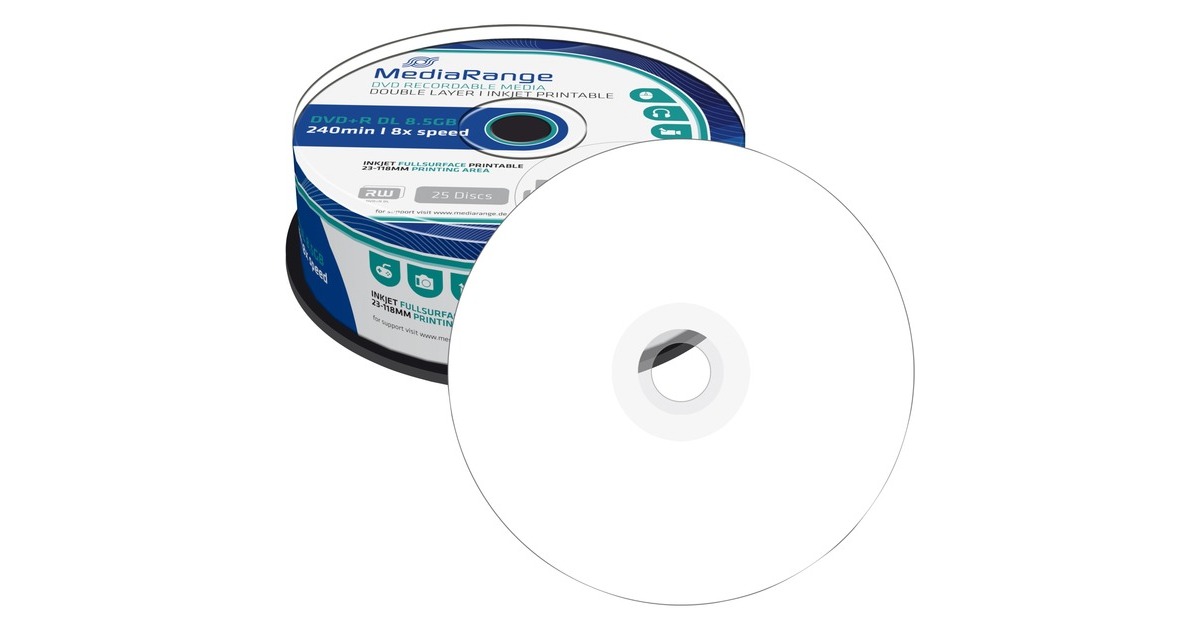 MediaRange DVD+R DL 8,5 GB, DVD-Rohlinge(8fach, 25 Stück, bedruckbar)