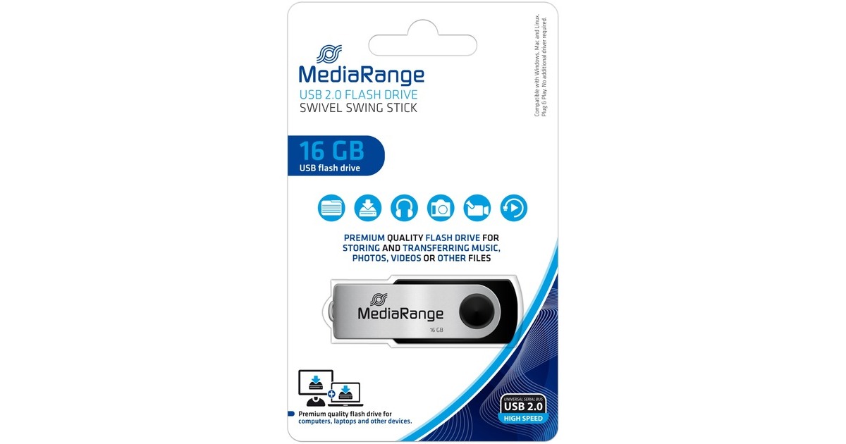 MediaRange Flexi-Drive 16 GB, USB-Stick(schwarz/silber, USB-A 2.0)