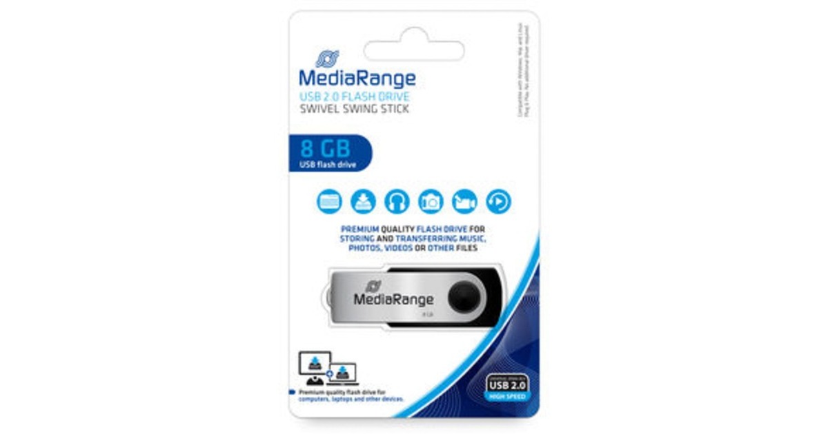 MediaRange Flexi-Drive 8 GB, USB-Stick(schwarz/silber, USB-A 2.0, Ohne Logo)