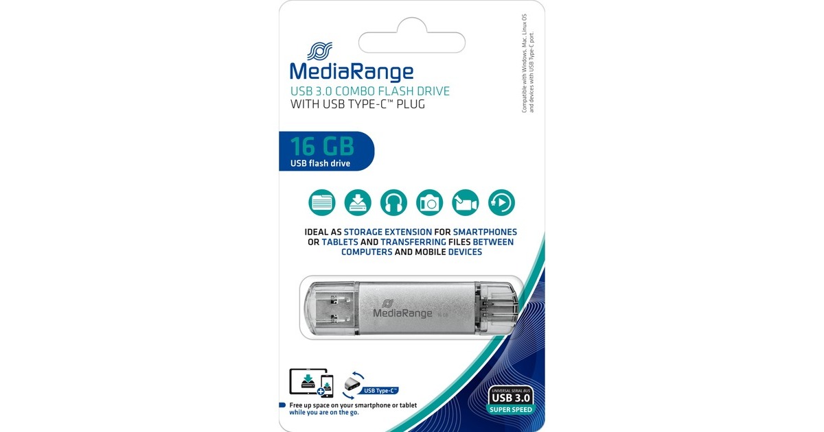 MediaRange Kombo-Speicherstick 16 GB, USB-Stick(silber/transparent, USB-A 3.2 Gen 1, USB-C 3.2 Gen 1)