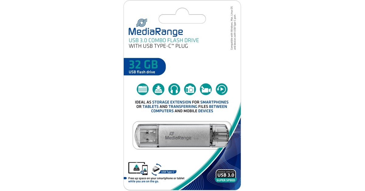MediaRange Kombo-Speicherstick 32 GB, USB-Stick(silber/transparent, USB-A 3.2 Gen 1, USB-C 3.2 Gen 1)