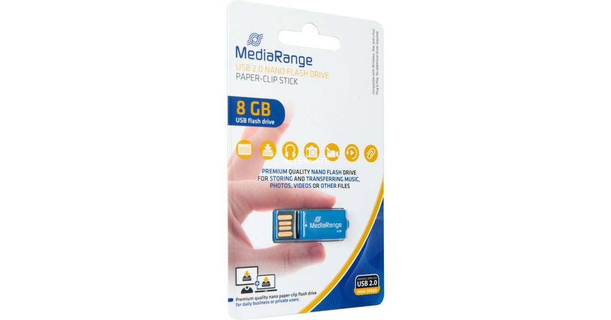 MediaRange USB Nano 8 GB, USB-Stick(blau, USB-A 2.0, mit Büroklammer-Funktion)