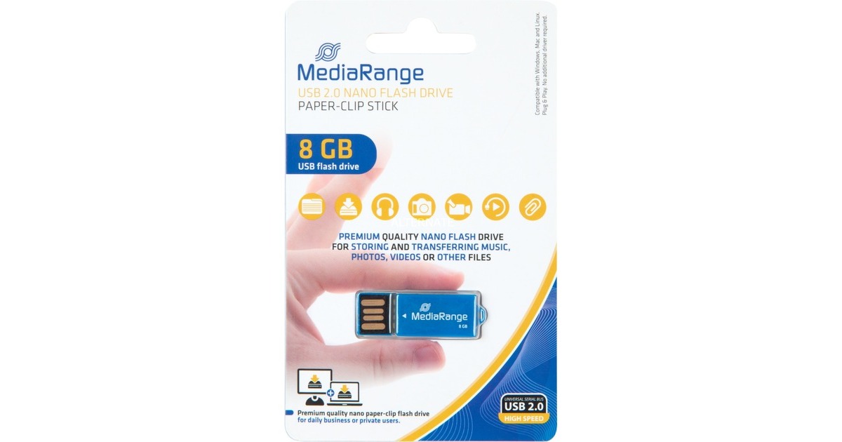 MediaRange USB Nano 8 GB, USB-Stick(blau, USB-A 2.0, mit Büroklammer-Funktion)