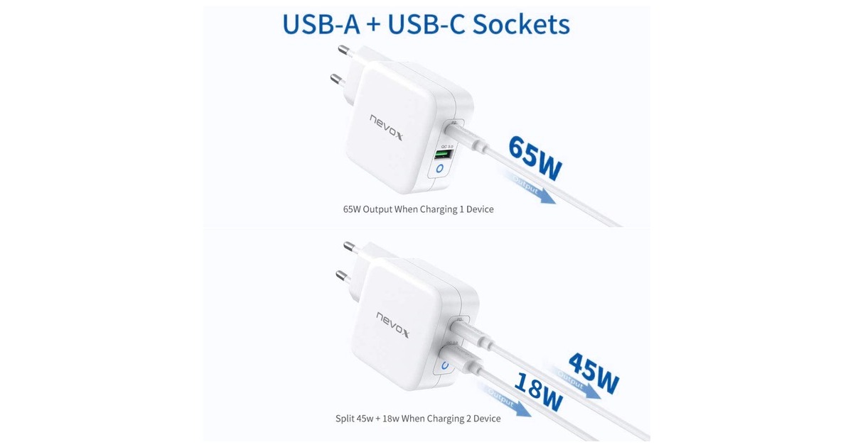 Nevox 65W USB - C Power Delivery (PD) + Q3.0, Ladegerät(weiß)