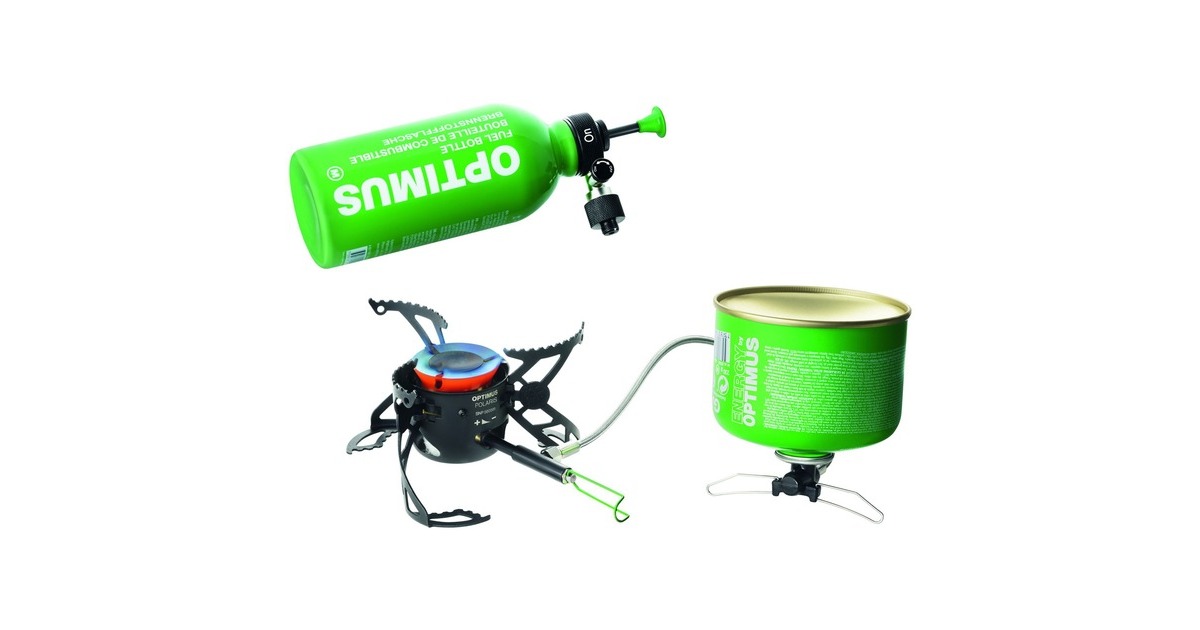 Optimus Polaris Optifuel + 0,4L Brennstoff-Flasche, Benzinkocher(schwarz/grün, läuft mit Gas und Benzin)