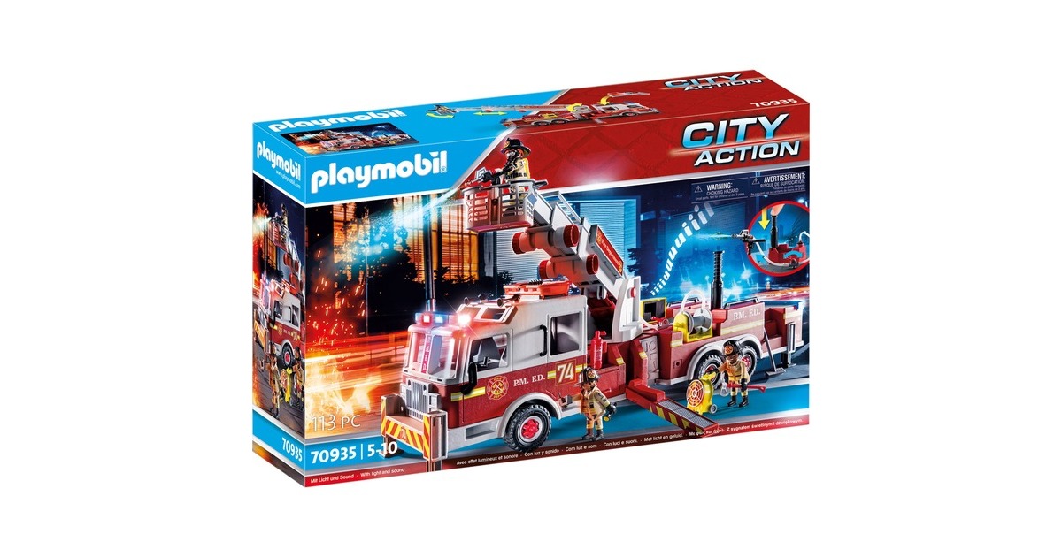PLAYMOBIL 70935 City Action Feuerwehr-Fahrzeug: US Tower Ladder, Konstruktionsspielzeug(mehrfarbig, Mit Licht, Sound und funktionierender Wasserkanone)