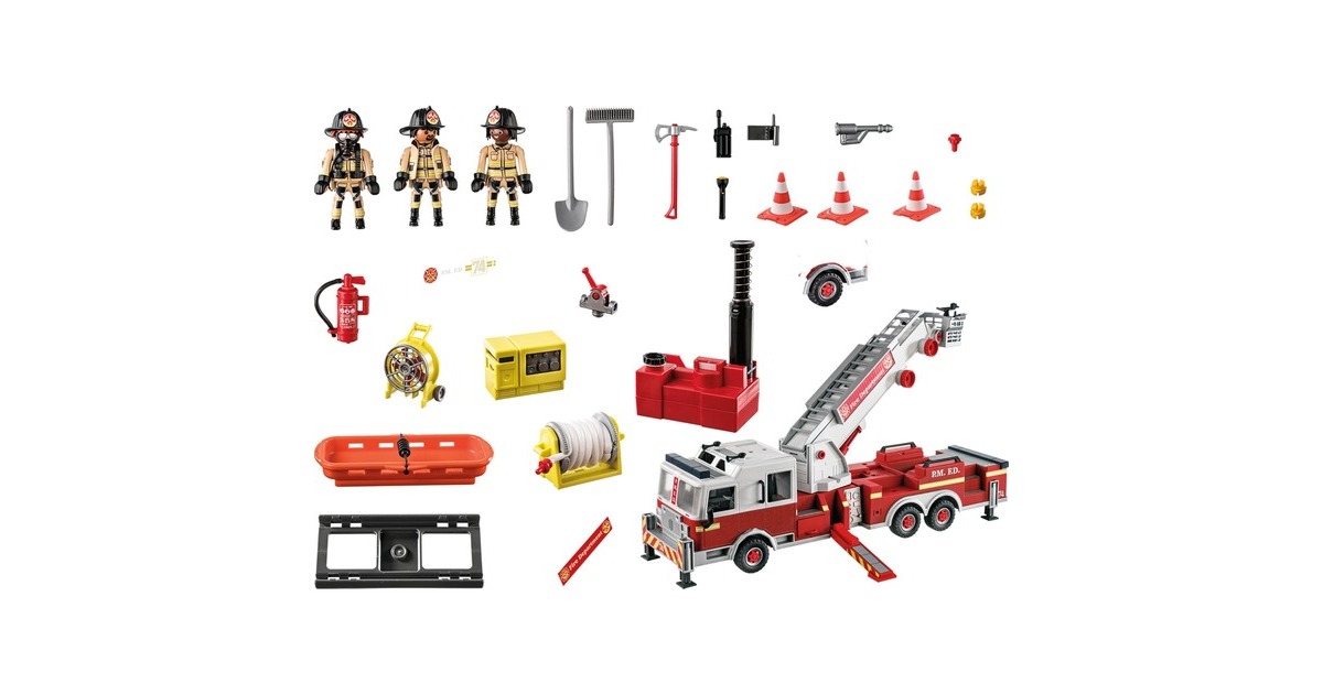 PLAYMOBIL 70935 City Action Feuerwehr-Fahrzeug: US Tower Ladder, Konstruktionsspielzeug(mehrfarbig, Mit Licht, Sound und funktionierender Wasserkanone)