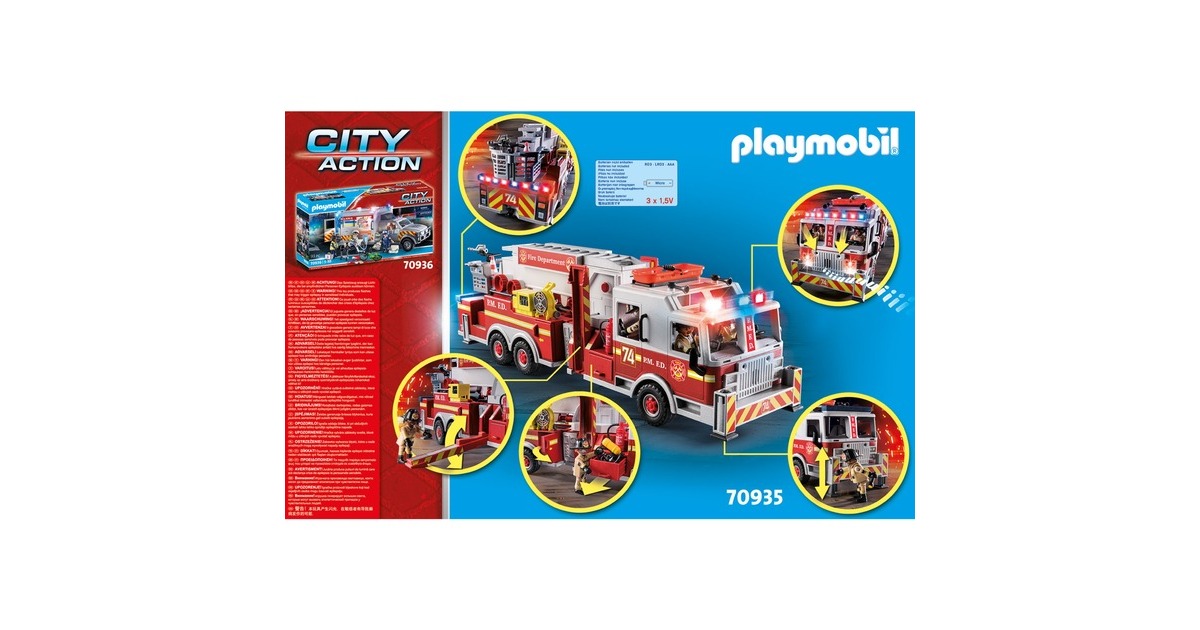 PLAYMOBIL 70935 City Action Feuerwehr-Fahrzeug: US Tower Ladder, Konstruktionsspielzeug(mehrfarbig, Mit Licht, Sound und funktionierender Wasserkanone)