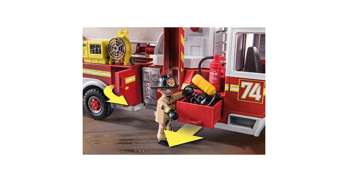 PLAYMOBIL 70935 City Action Feuerwehr-Fahrzeug: US Tower Ladder, Konstruktionsspielzeug(mehrfarbig, Mit Licht, Sound und funktionierender Wasserkanone)