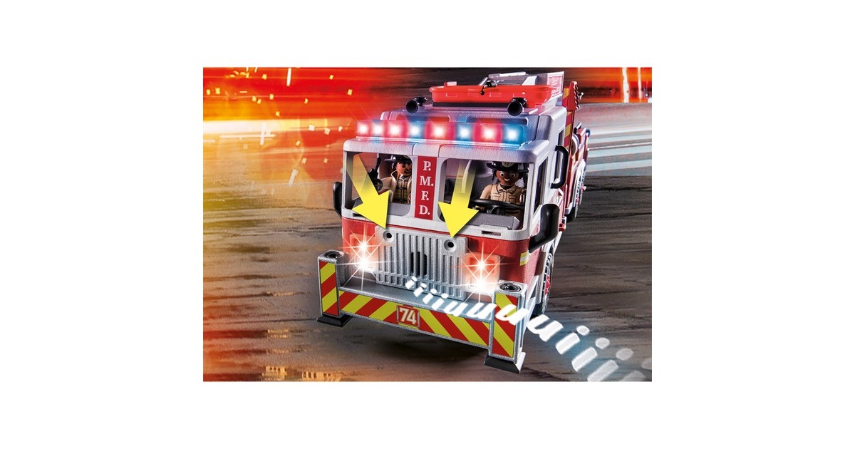 PLAYMOBIL 70935 City Action Feuerwehr-Fahrzeug: US Tower Ladder, Konstruktionsspielzeug(mehrfarbig, Mit Licht, Sound und funktionierender Wasserkanone)