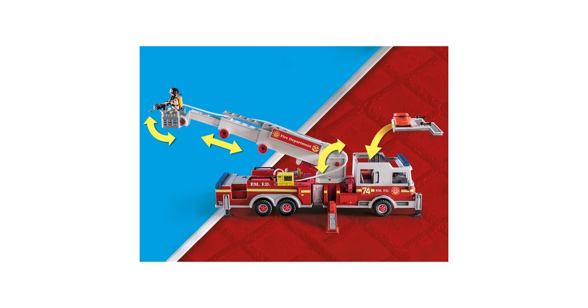 PLAYMOBIL 70935 City Action Feuerwehr-Fahrzeug: US Tower Ladder, Konstruktionsspielzeug(mehrfarbig, Mit Licht, Sound und funktionierender Wasserkanone)