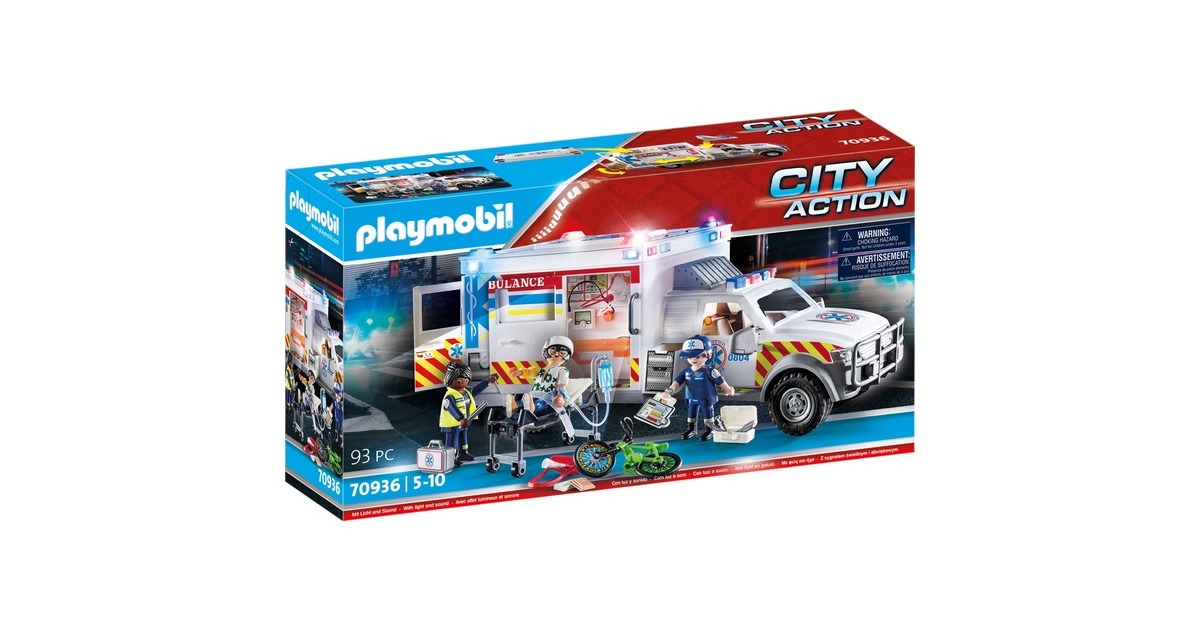 PLAYMOBIL 70936 City Action Rettungs-Fahrzeug: US Ambulance, Konstruktionsspielzeug(Mit Licht und original US Rettungswagen-Sirenen-Sound)