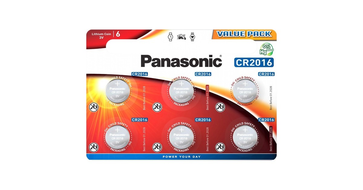 Panasonic Lithium Knopfzelle CR-2016EL/6B, Batterie(6 Stück, CR2016)