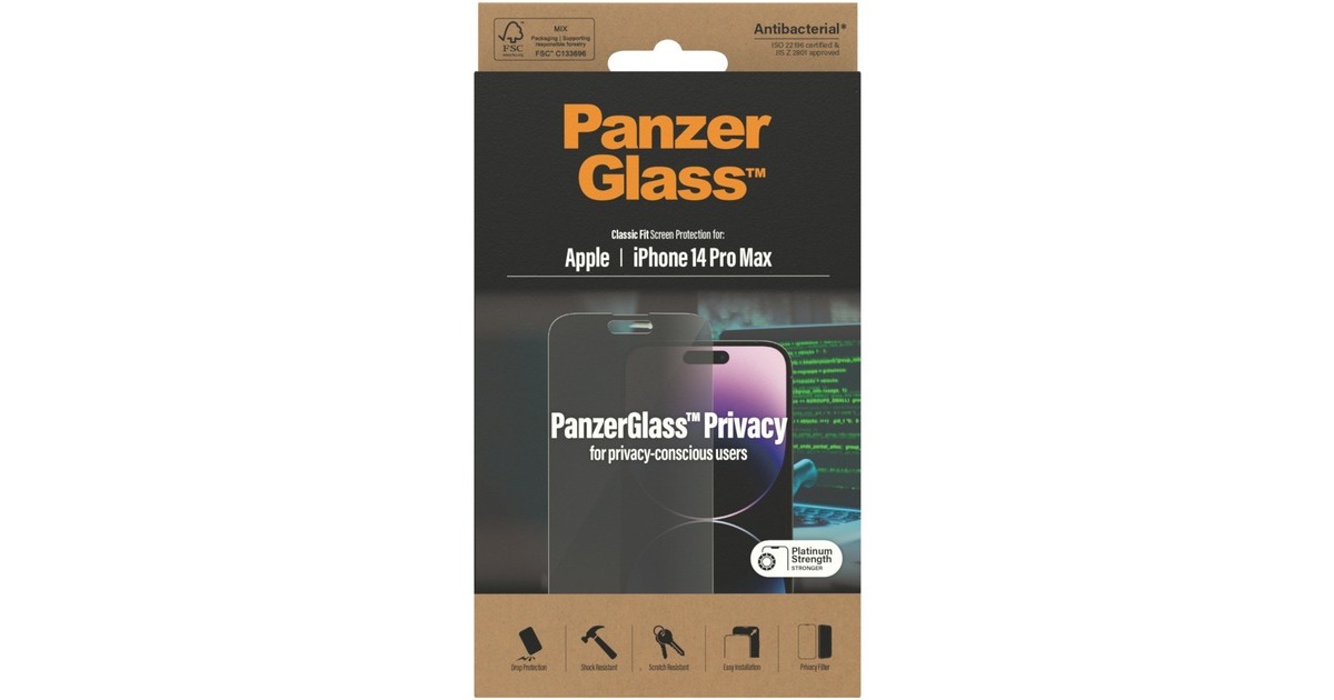 PanzerGlass Classic Fit Privacy Bildschirmschutz, Schutzfolie(transparent, iPhone 14 Pro Max)