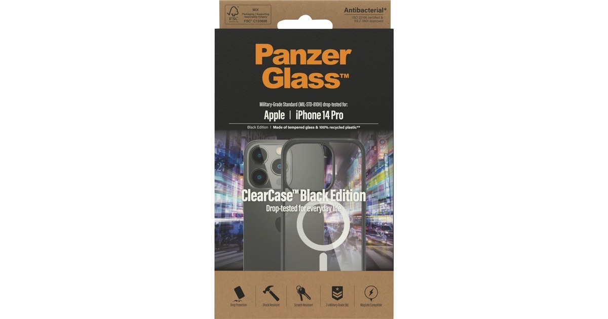 PanzerGlass ClearCase, Handyhülle(transparent/schwarz, iPhone 14 Pro, MagSafe)
