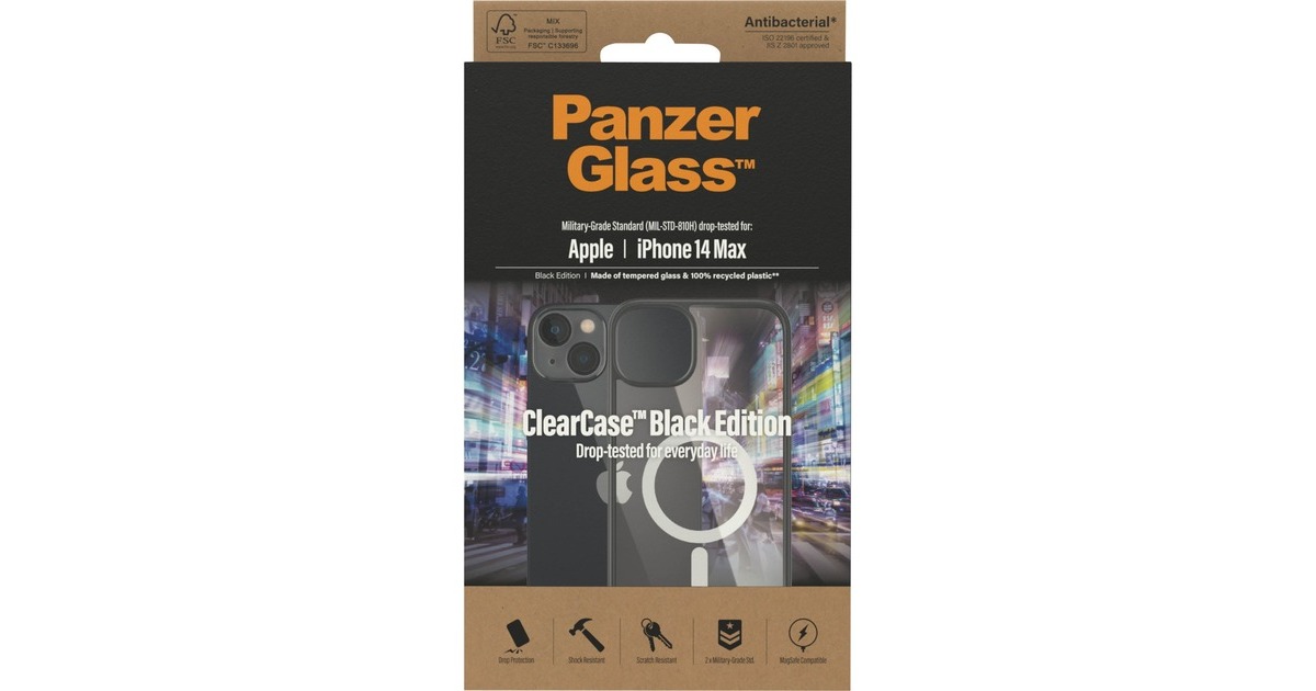 PanzerGlass ClearCase, Handyhülle(transparent/schwarz, iPhone 14 Plus, MagSafe)