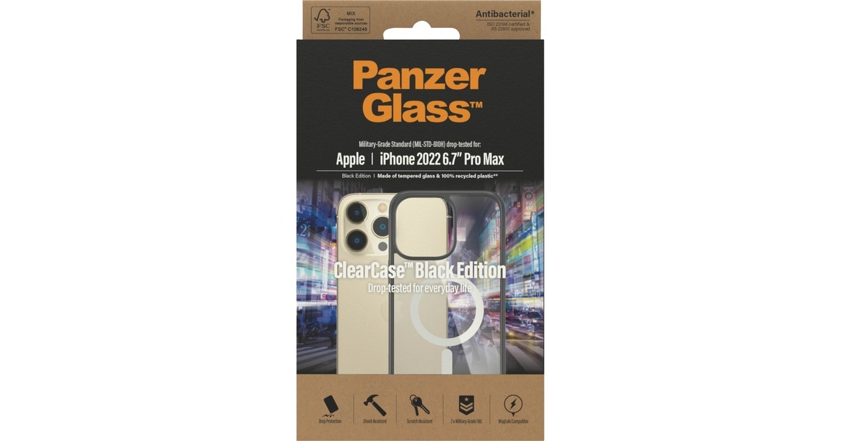 PanzerGlass ClearCase, Handyhülle(transparent/schwarz, iPhone 14 Pro Max, MagSafe)