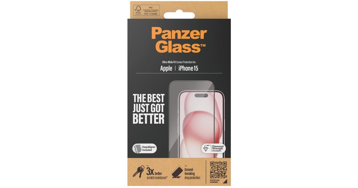 PanzerGlass Displayschutz, Schutzfolie(transparent/schwarz, iPhone 15, EasyAligner)