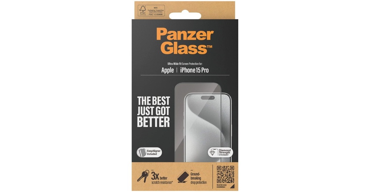 PanzerGlass Displayschutz, Schutzfolie(transparent/schwarz, iPhone 15 Pro, EasyAligner)