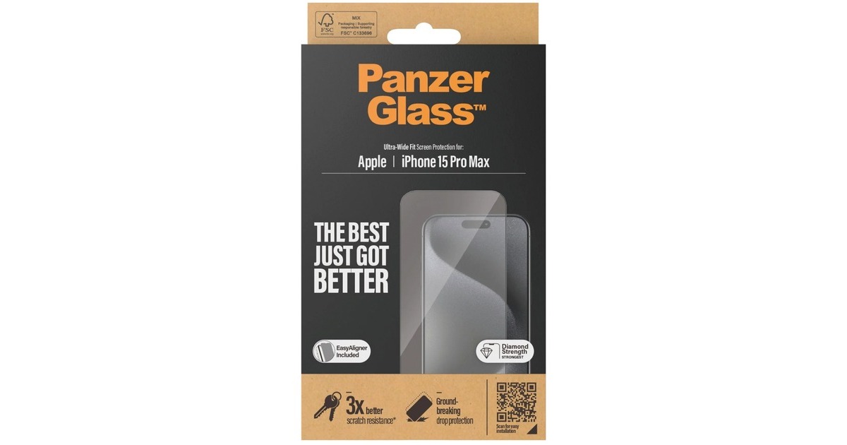 PanzerGlass Displayschutz, Schutzfolie(transparent/schwarz, iPhone 15 Pro Max, EasyAligner)