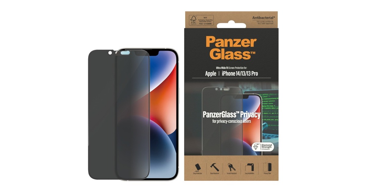 PanzerGlass Ultra Wide Fit Privacy Bildschirmschutz, Schutzfolie(transparent, iPhone 14, 13, 13 Pro)