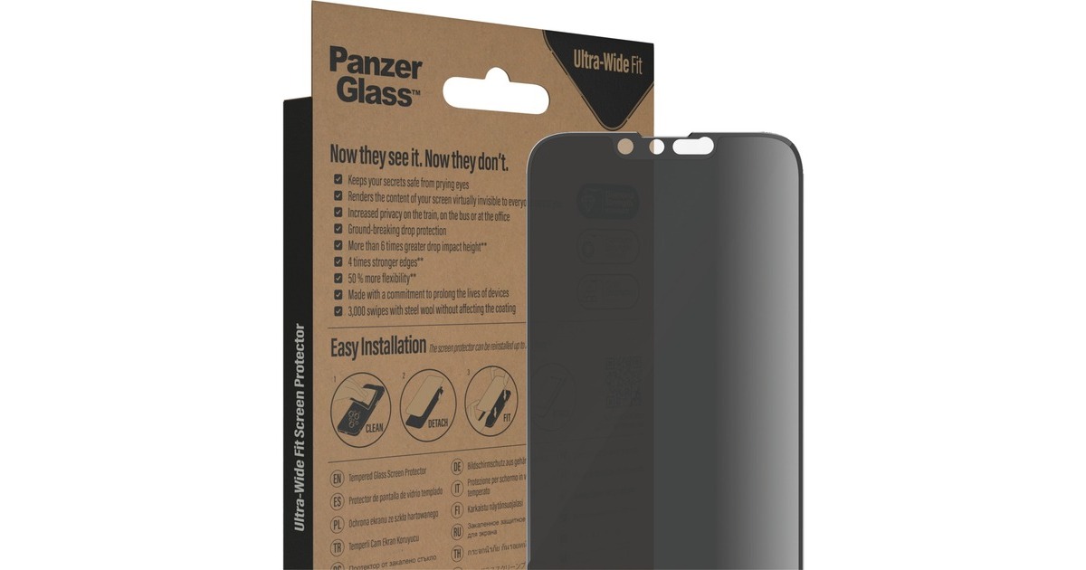 PanzerGlass Ultra Wide Fit Privacy Bildschirmschutz, Schutzfolie(transparent, iPhone 14, 13, 13 Pro)