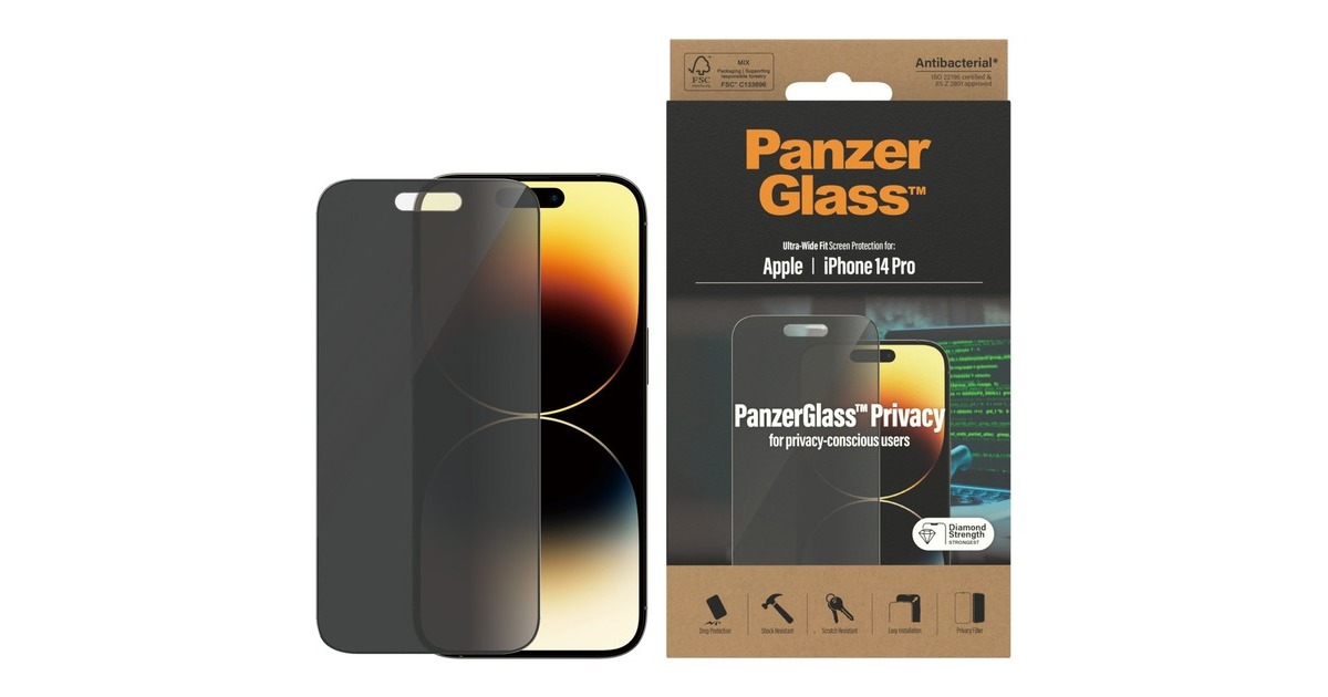 PanzerGlass Ultra Wide Fit Privacy Bildschirmschutz, Schutzfolie(transparent, iPhone 14 Pro)