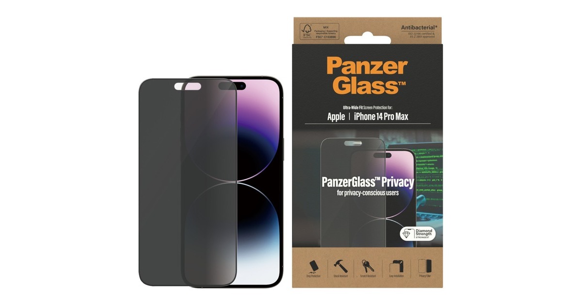 PanzerGlass Ultra Wide Fit Privacy Bildschirmschutz, Schutzfolie(transparent, iPhone 14 Pro Max)