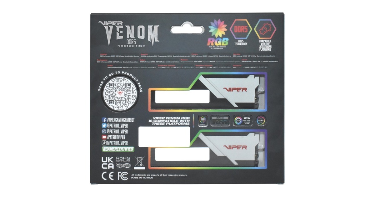 Patriot DIMM 32 GB DDR5-6200 (2x 16 GB) Dual-Kit, Arbeitsspeicher(schwarz/weiß, PVVR532G620C40K, Viper Venom RGB, INTEL XMP)