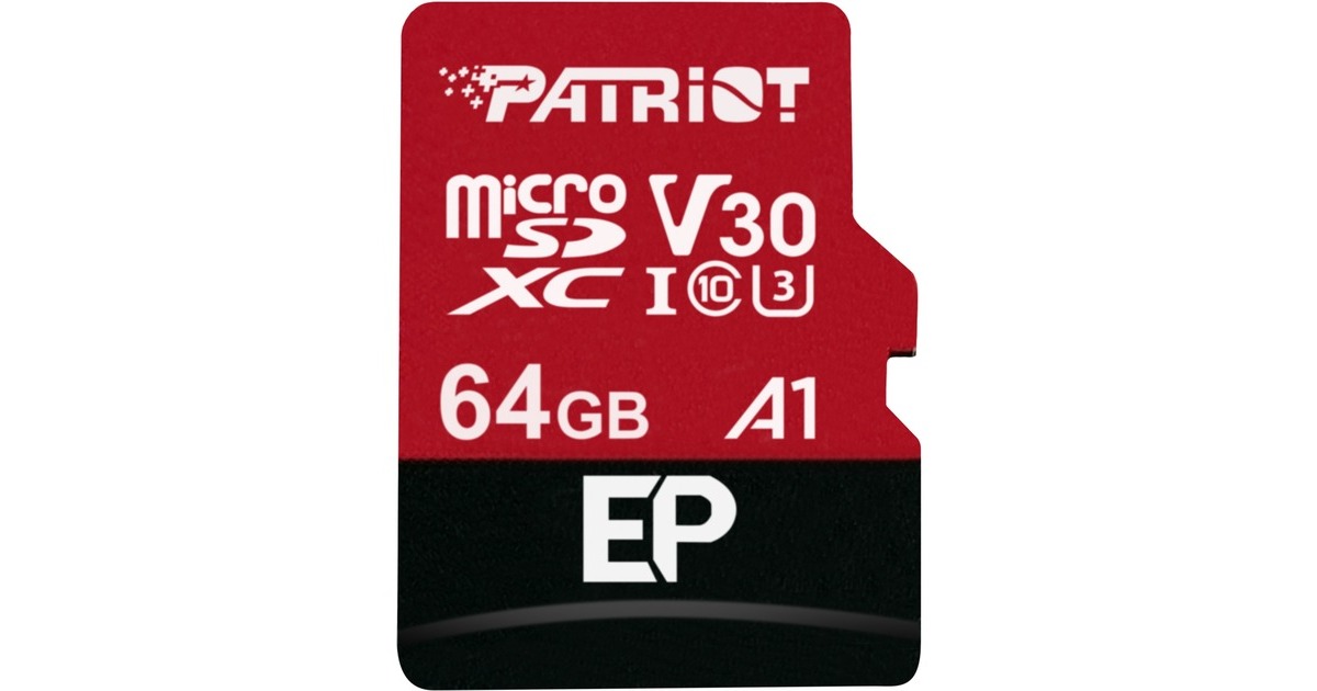 Patriot EP 64 GB microSDXC, Speicherkarte(schwarz/rot, UHS-I U3, Class 10, V30, A1)