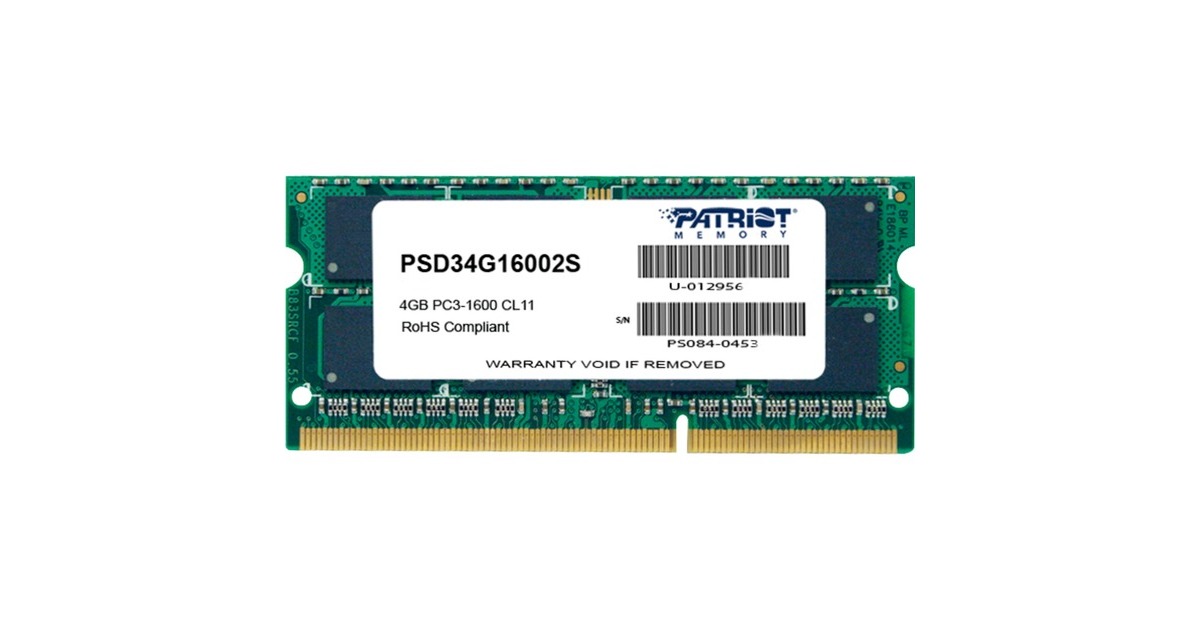 Patriot SO-DIMM 4 GB DDR3-1600, Arbeitsspeicher(PSD34G16002S, Signature Line)