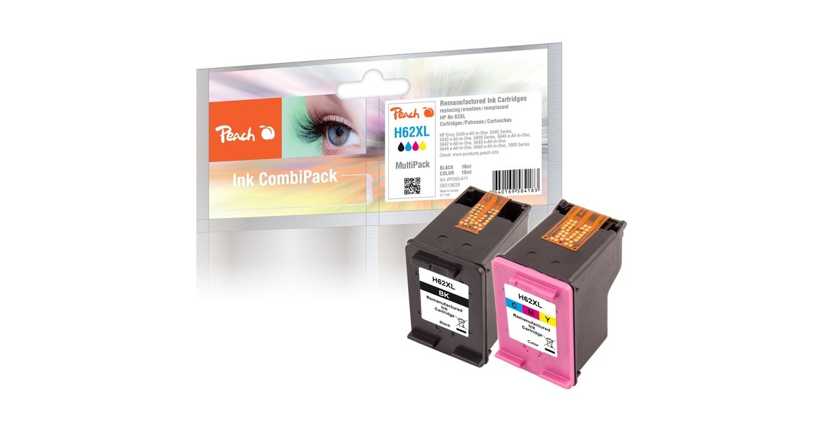 Peach Druckköpfe Spar Pack PI300-671, Tinte(kompatibel zu HP 62XL (C2P05AE, C2P07AE))