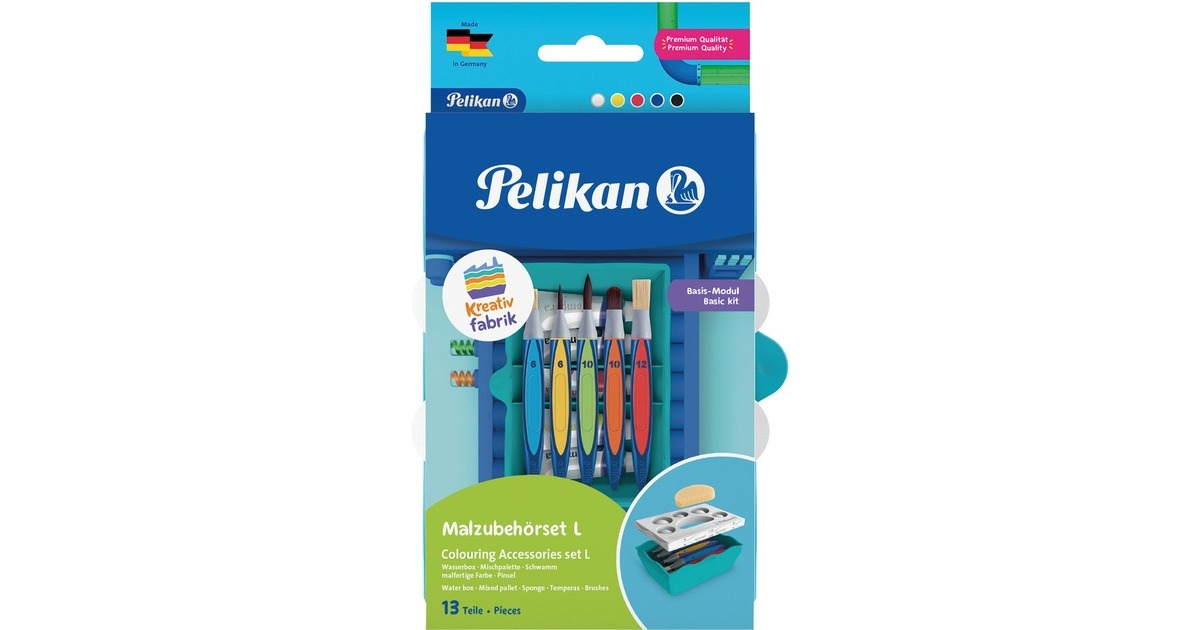 Pelikan Kreativfabrik Malzubehörset gross L(türkis, Wasserbox mit Mischpalette, Schwamm, 5 Pinsel, 5 Tuben Temperafarbe, Mischanleitung und wasserfestem Stickerbogen)