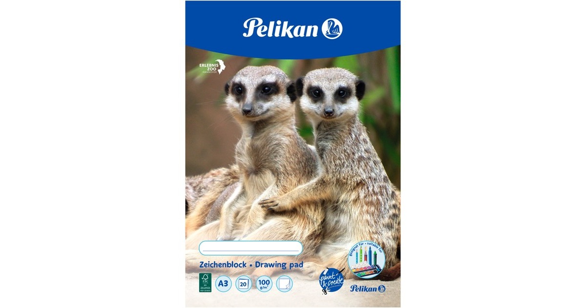Pelikan Zeichenblock DIN A3 20 Blatt, Heft(Deckblatt mit verschiedenen Tiermotiven)