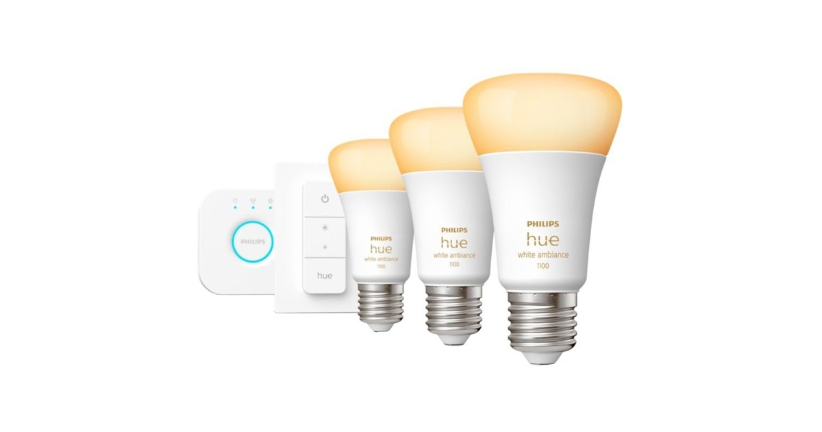 Philips Hue White Ambiance Starter-Kit E27, LED-Lampe(drei Lampen, eine Hue-Bridge, ein Dimmschalter, ersetzt 60 Watt)