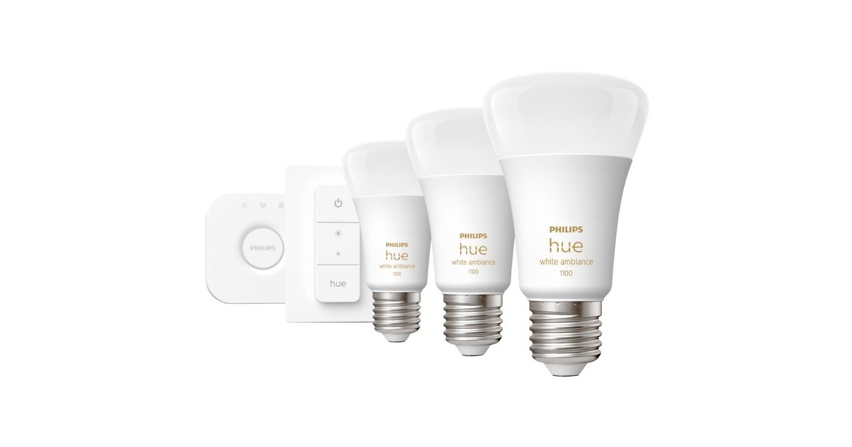 Philips Hue White Ambiance Starter-Kit E27, LED-Lampe(drei Lampen, eine Hue-Bridge, ein Dimmschalter, ersetzt 60 Watt)