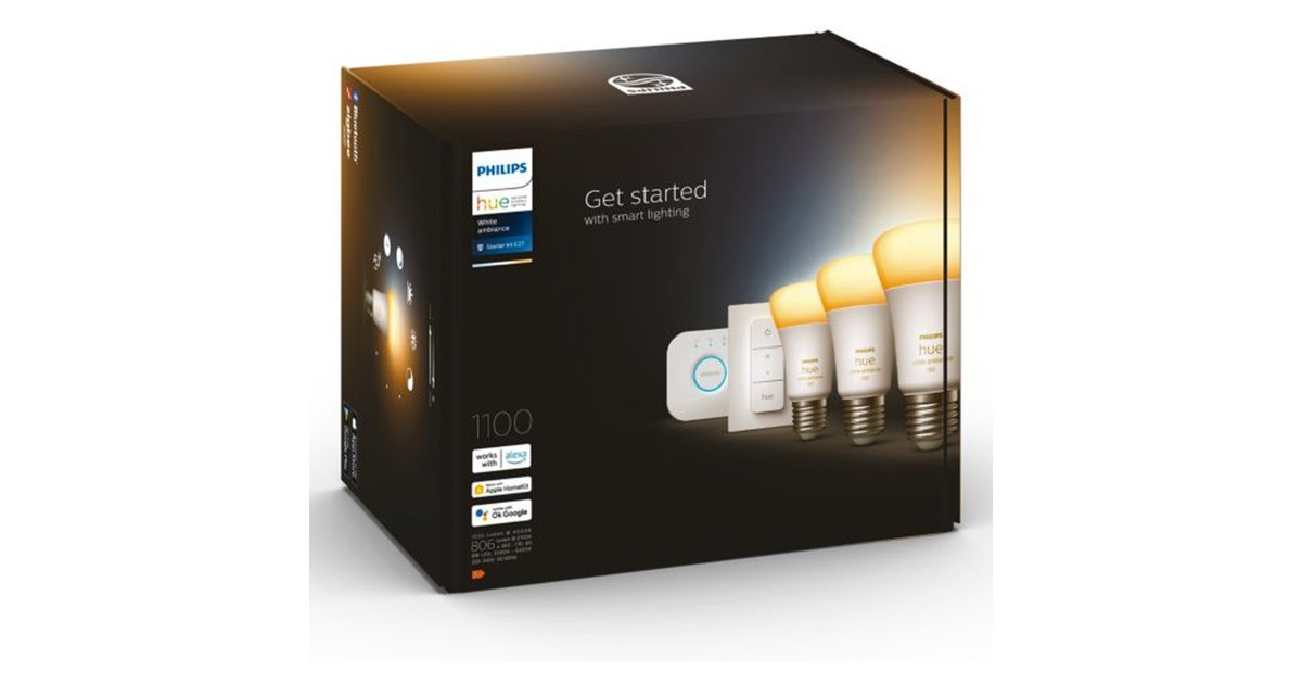 Philips Hue White Ambiance Starter-Kit E27, LED-Lampe(drei Lampen, eine Hue-Bridge, ein Dimmschalter, ersetzt 60 Watt)