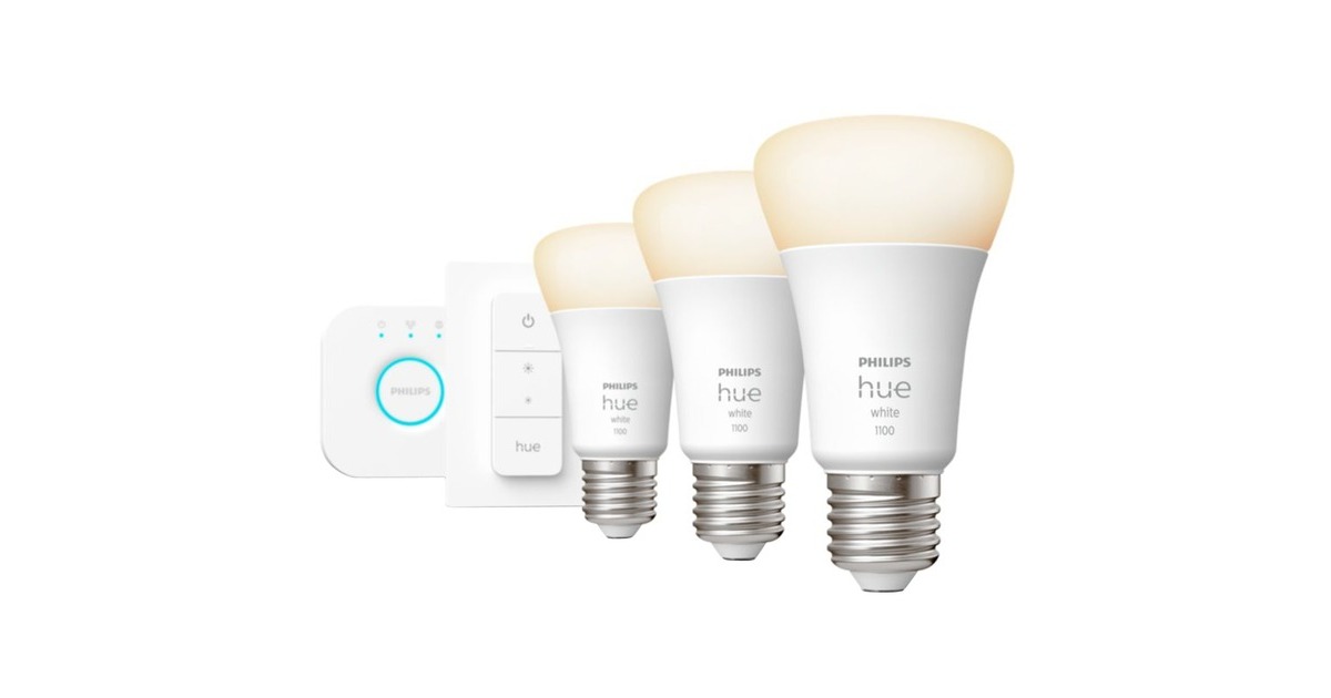 Philips Hue White Starter-Kit E27, LED-Lampe(drei Lampen, eine Hue-Bridge, ein Dimmschalter, ersetzt 75 Watt)