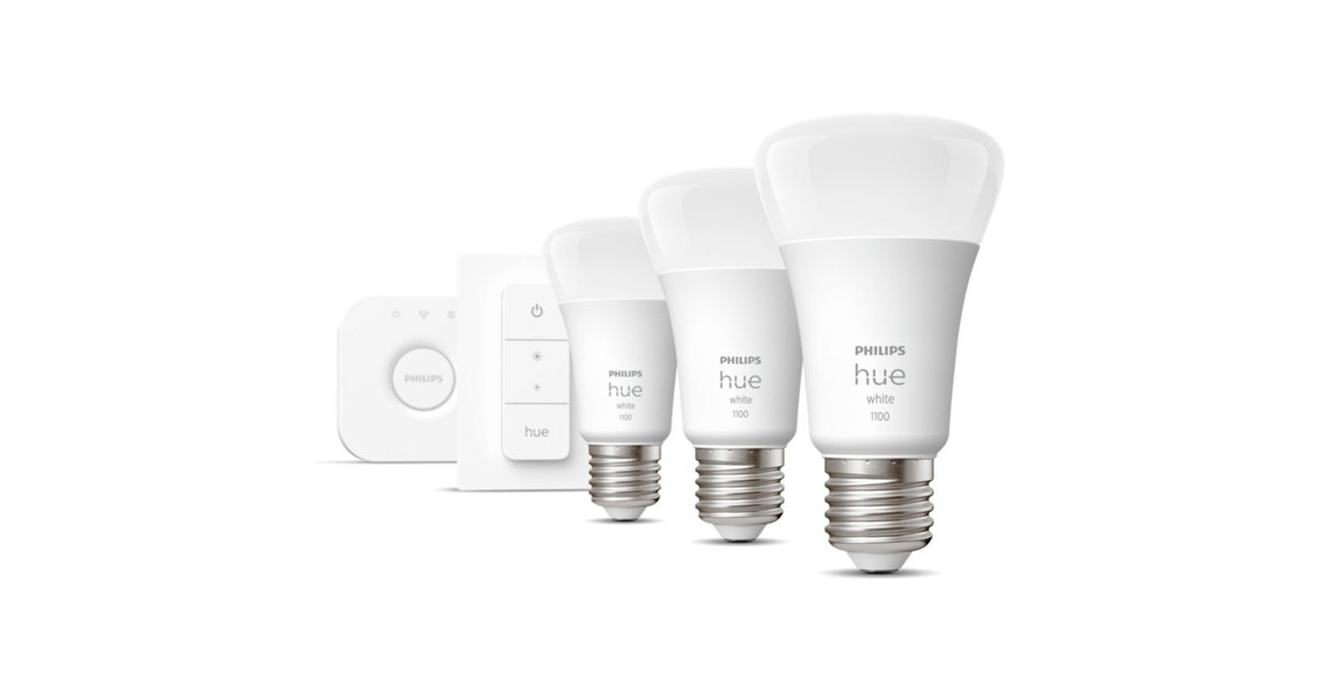 Philips Hue White Starter-Kit E27, LED-Lampe(drei Lampen, eine Hue-Bridge, ein Dimmschalter, ersetzt 75 Watt)