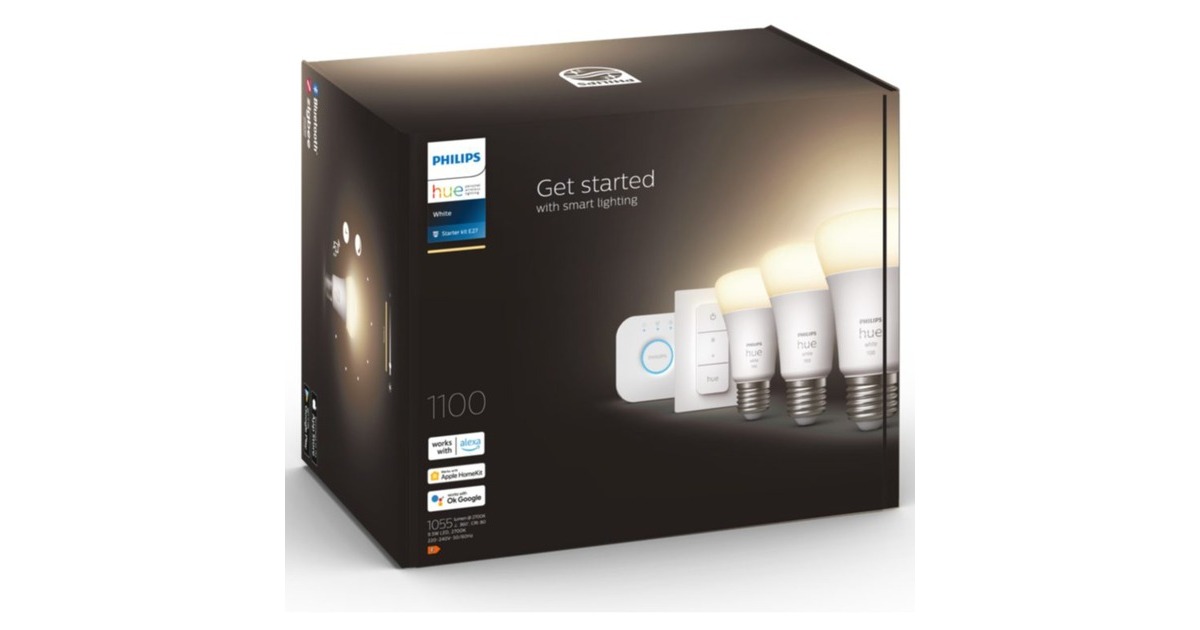 Philips Hue White Starter-Kit E27, LED-Lampe(drei Lampen, eine Hue-Bridge, ein Dimmschalter, ersetzt 75 Watt)
