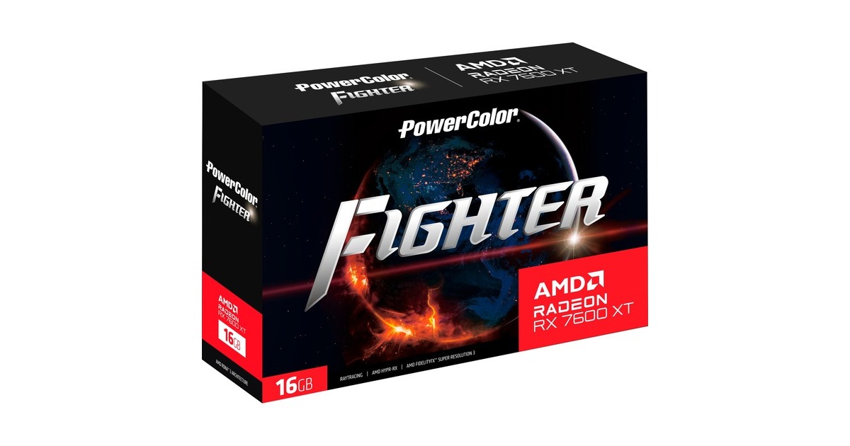 PowerColor Radeon RX 7600 XT Fighter 16GB, Grafikkarte(RDNA 3, GDDR6, 3x DisplayPort, 1x HDMI 2.1)