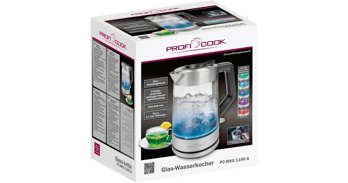 ProfiCook Glas-Wasserkocher PC-WKS 1190 G(inox/schwarz, 1,7 Liter)