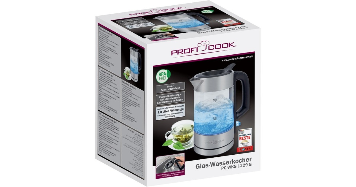 ProfiCook Glas-Wasserkocher PC-WKS 1229 G(edelstahl/schwarz, 1 Liter)