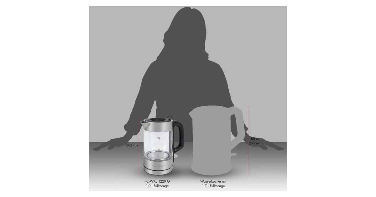 ProfiCook Glas-Wasserkocher PC-WKS 1229 G(edelstahl/schwarz, 1 Liter)