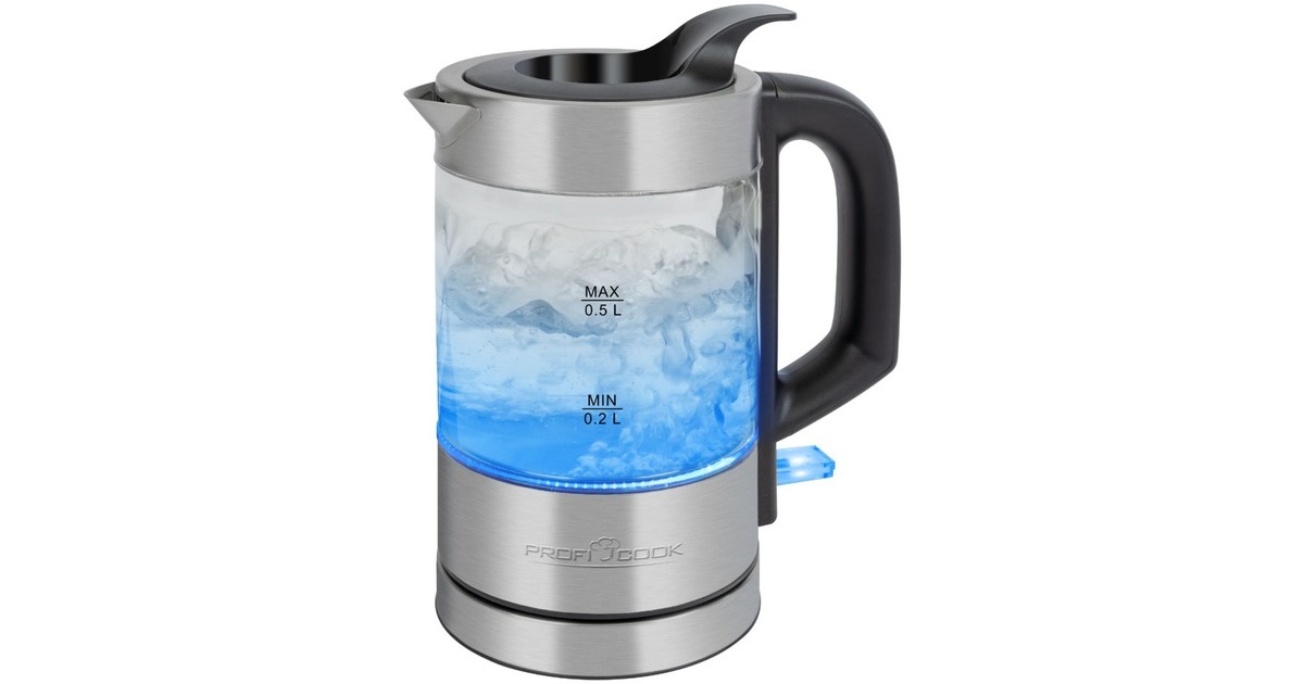 ProfiCook Glas-Wasserkochher PC-WKS 1228 G, Wasserkocher(edelstahl/schwarz, 0,5 Liter)