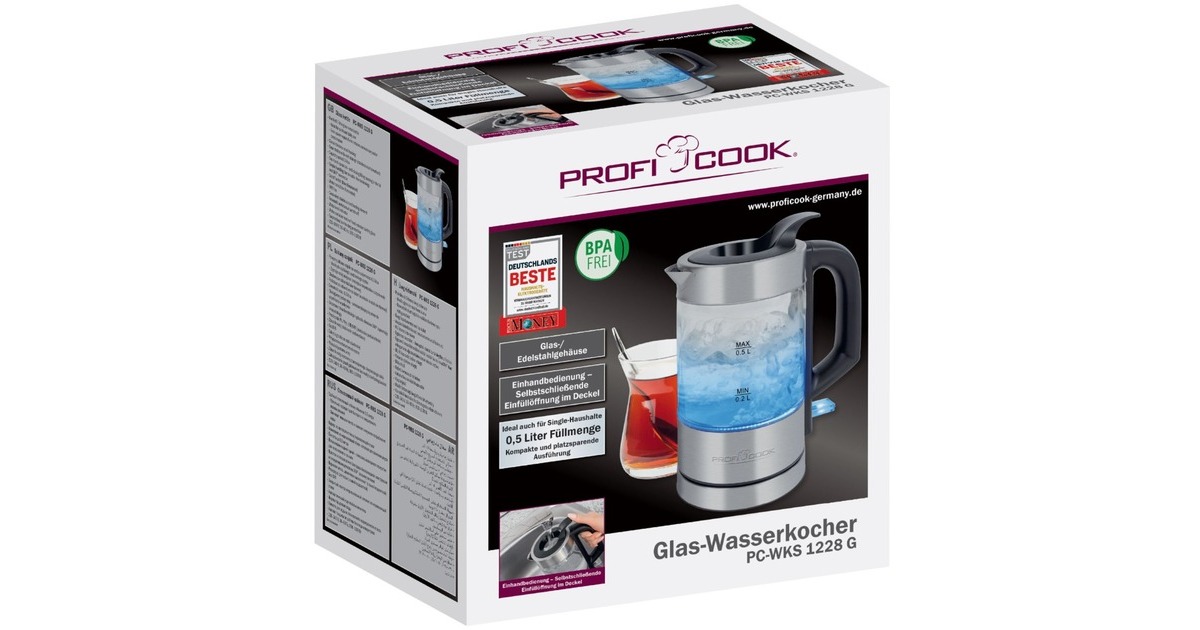 ProfiCook Glas-Wasserkochher PC-WKS 1228 G, Wasserkocher(edelstahl/schwarz, 0,5 Liter)